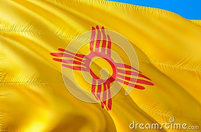 New Mexico flag. 3D Waving USA state flag design. The national US symbol of New Mexico state, 3D rendering. National colors and Stock Photo