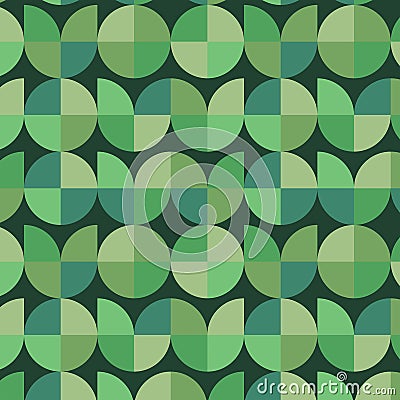 Mid century modern seamless pattern with geometric shapes in green and dark blue over black background. Vector Illustration