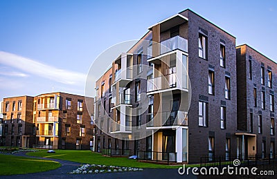 New modern apartment complex in Vilnius, Lithuania, modern low rise european building complex with outdoor facilities. Stock Photo