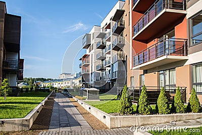 New modern apartment complex in Vilnius, Lithuania, modern low rise european building complex with outdoor facilities. Stock Photo