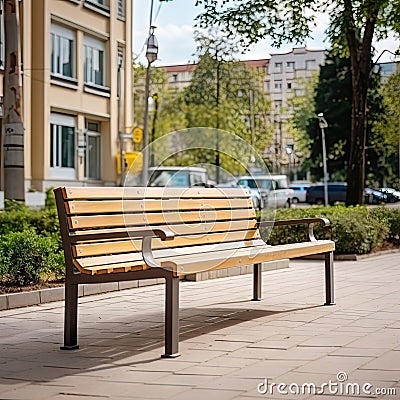 New Modern Bench in Park, Outdoor City Architecture, Wooden Benches, Outdoor Chair, Urban Public Furniture Stock Photo