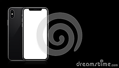 New modern black smartphone similar to iPhone X mockup front and back sides on black background with copy space Stock Photo