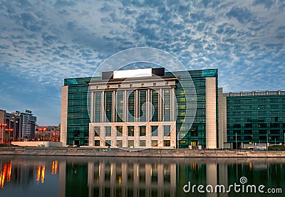 The new modern building of Bucharest National Library on Splaiul Unirii at sunset Editorial Stock Photo