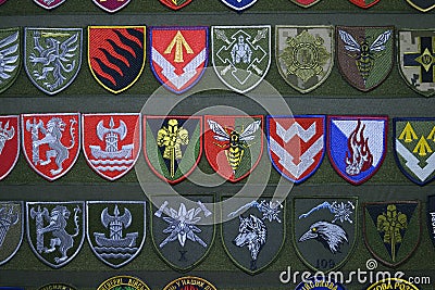 New modern chevrons of Ukrainian army presented on stand Editorial Stock Photo