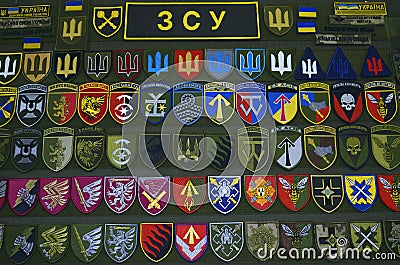 New modern chevrons of Ukrainian army presented on stand Editorial Stock Photo