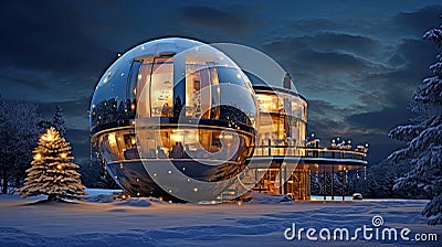 A new modern glass house in the shape of a ball, illuminated by the light of lamps and lights of Christmas lights Stock Photo