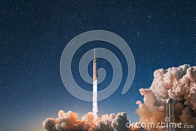 New modern rocket with smoke and blast successfully lift off into the starry sky. Spaceship launching into space, concept. Stock Photo
