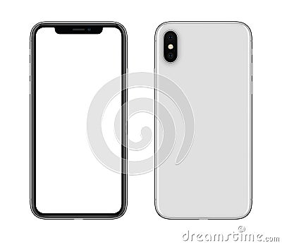 New modern white smartphone similar to iPhone X mockup front and back sides isolated on white background Stock Photo
