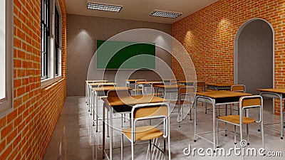 New normal classroom and spacing of tables and chairs to prevent the spread of coronavirus COVID-19. IEmpty classroom for teach Stock Photo