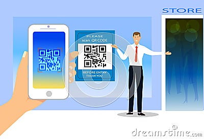 people using smartphone scan QR code before entry the store or the mall Vector Illustration
