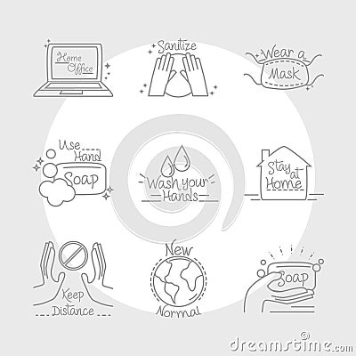 New normal, stay home work study after coronavirus, hand made line style icons set Vector Illustration
