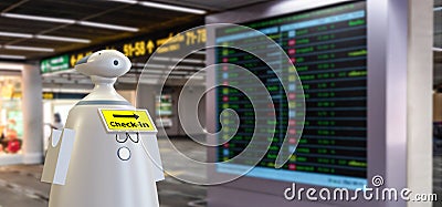 new normal technology in smart hospitality industry 4.0 reception robot assistant using for customer or passenger in airport with Stock Photo