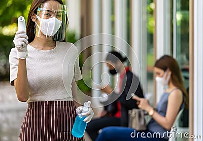 New normal waitress with social distancing queue Stock Photo