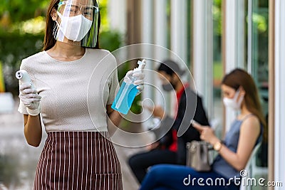 New normal waitress with social distancing queue Stock Photo