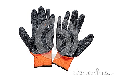 Nylon orange work gloves with a black latex coating, lying next to each other with the working side up. Isolated on white back Stock Photo