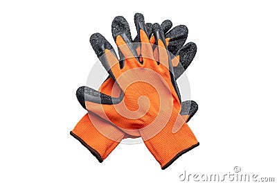 Nylon orange work gloves with black latex coating lying on top of each other with the working side down. Isolated on white bac Stock Photo