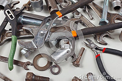 New and old spanners, nuts, bolts and nuts for mechanical work closeup Stock Photo