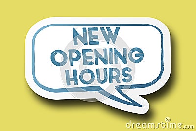 NEW OPENING HOURS on speech bubble against bright yellow background Stock Photo