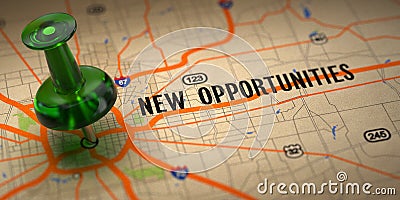 New Opportunities - Green Pushpin on a Map Background. Stock Photo