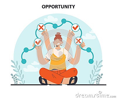 New opportunity concept. New business ideas or decisions. Female character Vector Illustration