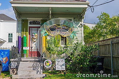 Uptown New Orleans Home with Vaccination Themed Mardi Gras Decorations Editorial Stock Photo