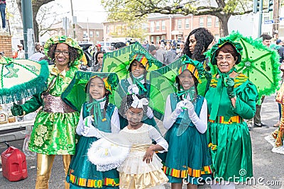 Baby Dolls marching and dance group assembled for Mardi Gras Indian parade Editorial Stock Photo
