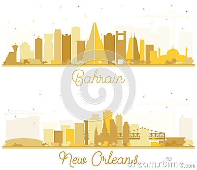 New Orleans Louisiana and Bahrain City Skyline Silhouette with Golden Buildings Isolated on White Stock Photo