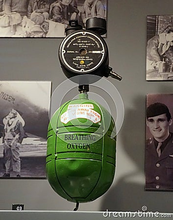 New Orleans, Louisiana, U.S.A - February 4, 2020 - The breathing oxygen tank used by crewmen and pilots during World War 2 Editorial Stock Photo