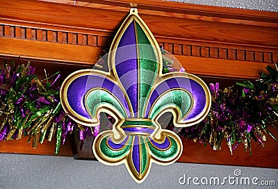 New Orleans, Louisiana, U.S.A - February 8, 2020 - A colorful Fleur De Lis for Mardi Gras indoor decoration Editorial Stock Photo