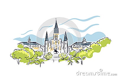 New Orleans Louisiana usa America vector sketch city illustration line art Cartoon Illustration