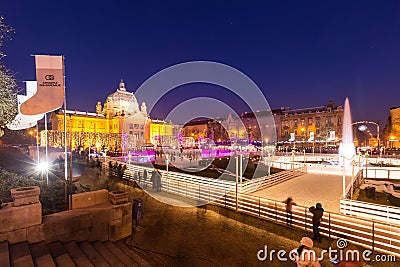 The new outdoor ice skating rink on King Tomislav square, Zagreb, Croatia Editorial Stock Photo