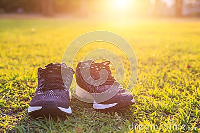 New pairs of black running shoes / sneaker shoes on green grass Stock Photo