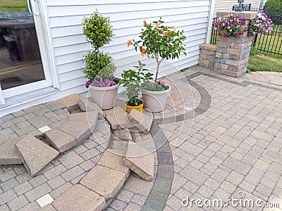 New paving bricks laid out on curved patio steps Stock Photo