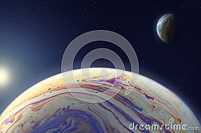 A new planet on the background of a star and a natural satellite. The concept of discovering new solar systems and exoplanets Stock Photo