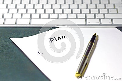 New planning Concept sequence of items written by pen on white sheet of paper, on wooden table with green leather cover. Stock Photo