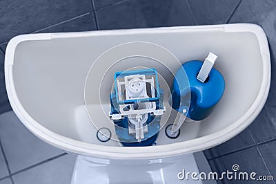 New plastic fittings in clean toilet. Plumbing repair Stock Photo