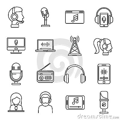 New podcast icons set, outline style Stock Photo
