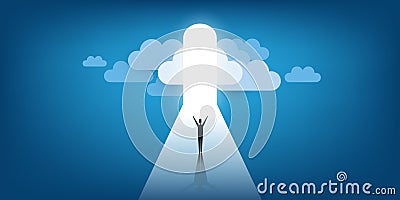 New Possibilities, Hope, Dreams - Business, Solutions Finding or Heaven Concept - Man Standing in Front of a Door Vector Illustration