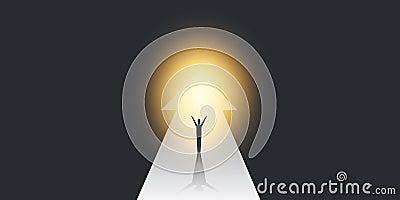 New Possibilities, Hope, Dreams - Business Targets, Solutions Finding Concept - Man Standing on a Big Up Arrow, Bright Light Vector Illustration