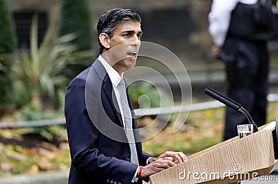 New Prime Minister of the UK, Rishi Sunak, making a speech in Downing Street, London, UK Editorial Stock Photo