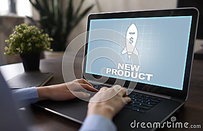 New product launch. Rocket icon on virtual screen. Marketing strategy, commercial innovation. Business concept. Stock Photo