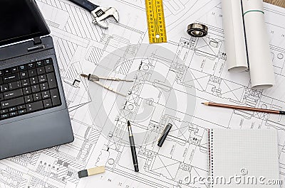 New project development, engineer workplace. Top view Stock Photo