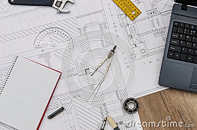 New project development, engineer workplace. Top view Stock Photo