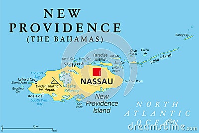 New Providence Island, political map, with Nassau, the capital of The Bahamas Vector Illustration