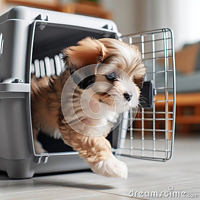 New puppy arrives to new home in pet carrier Stock Photo