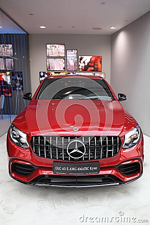 New red car Mercedes-AMG GLC 43 4MATIC. Moscow. Shopping center Editorial Stock Photo