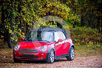 New red car Mini cooper in nature Stock Photo