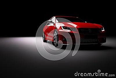 New red metallic sedan car in spotlight. Modern desing, brandless. Stock Photo