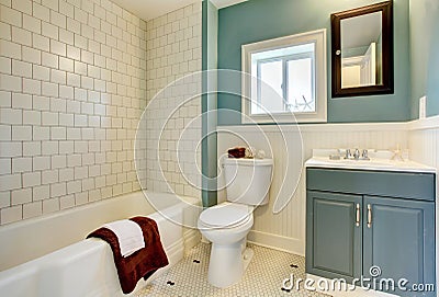 New remodeled blue bathroom classic. Stock Photo