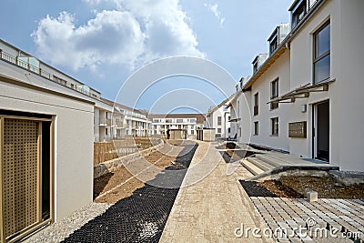 New residential building with outside facilities - Construction work near completion Stock Photo